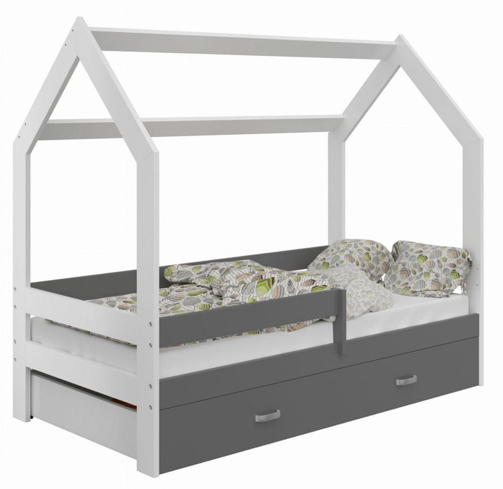 eoshop Detská posteľ Domček 80x160 cm D3, rošt ZADARMO - biela, zábrana: sivá, úlož. jednoducho: sivá, matracu: bez matraca